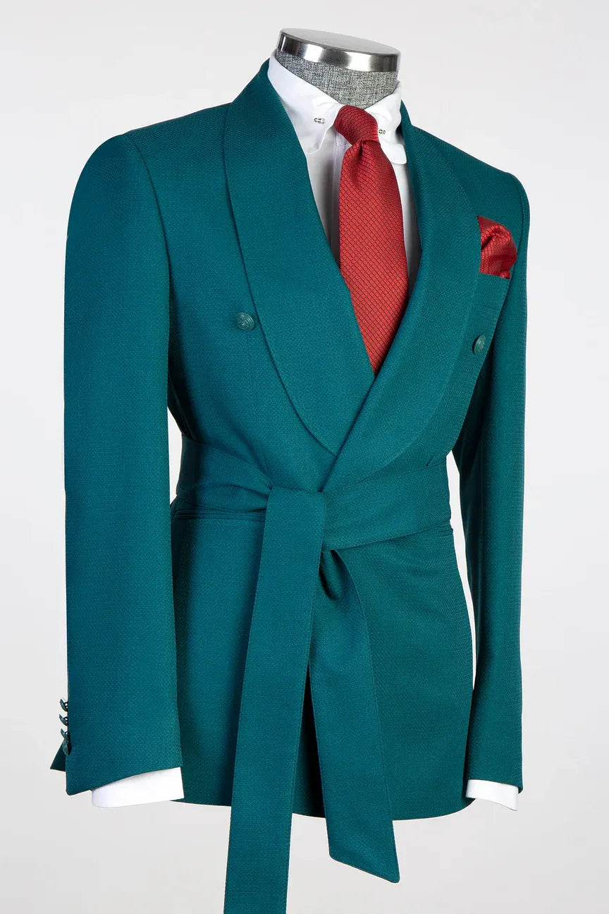 Teal Blue 2-piece Double-breasted Shawl Lapel Suit