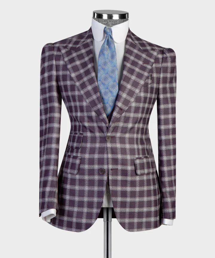 Purple Single-breasted 3-piece Peak Lapel Plaid Suit