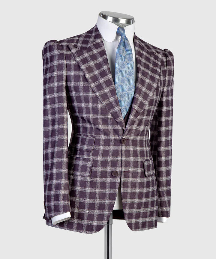 Purple Single-breasted 3-piece Peak Lapel Plaid Suit