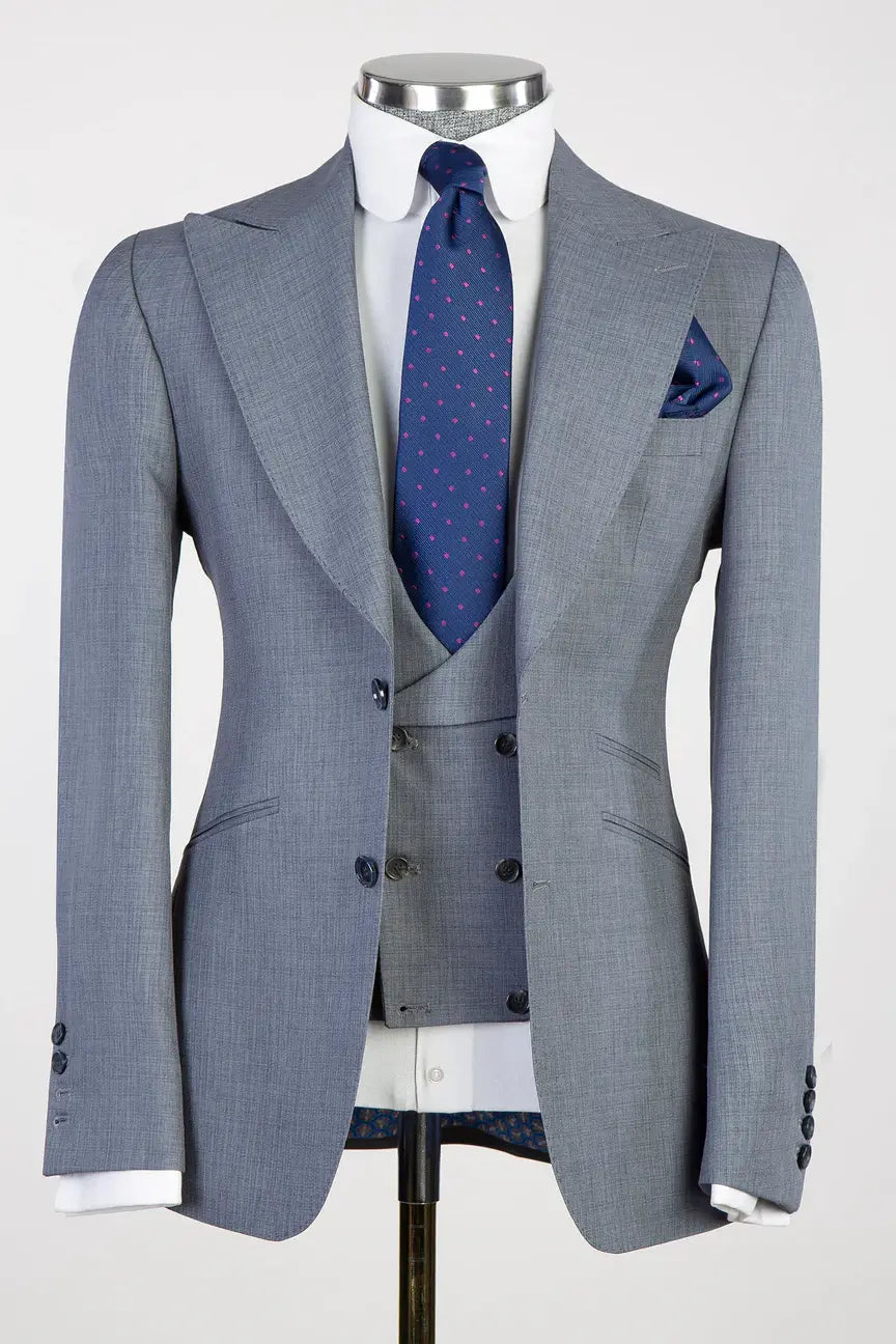 Grey 3-piece Single-breasted Peak Lapel Suit