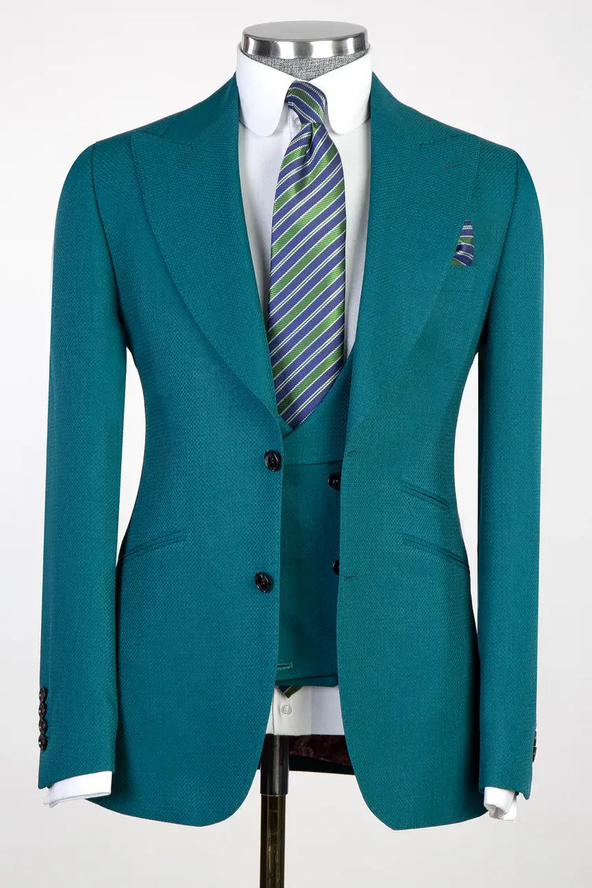 Teal Blue 3-piece Single-breasted Peak Lapel Suit