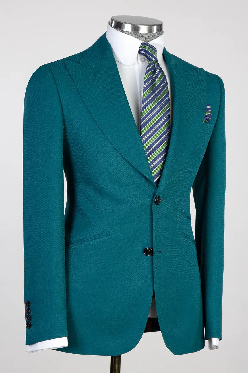 Teal Blue 3-piece Single-breasted Peak Lapel Suit