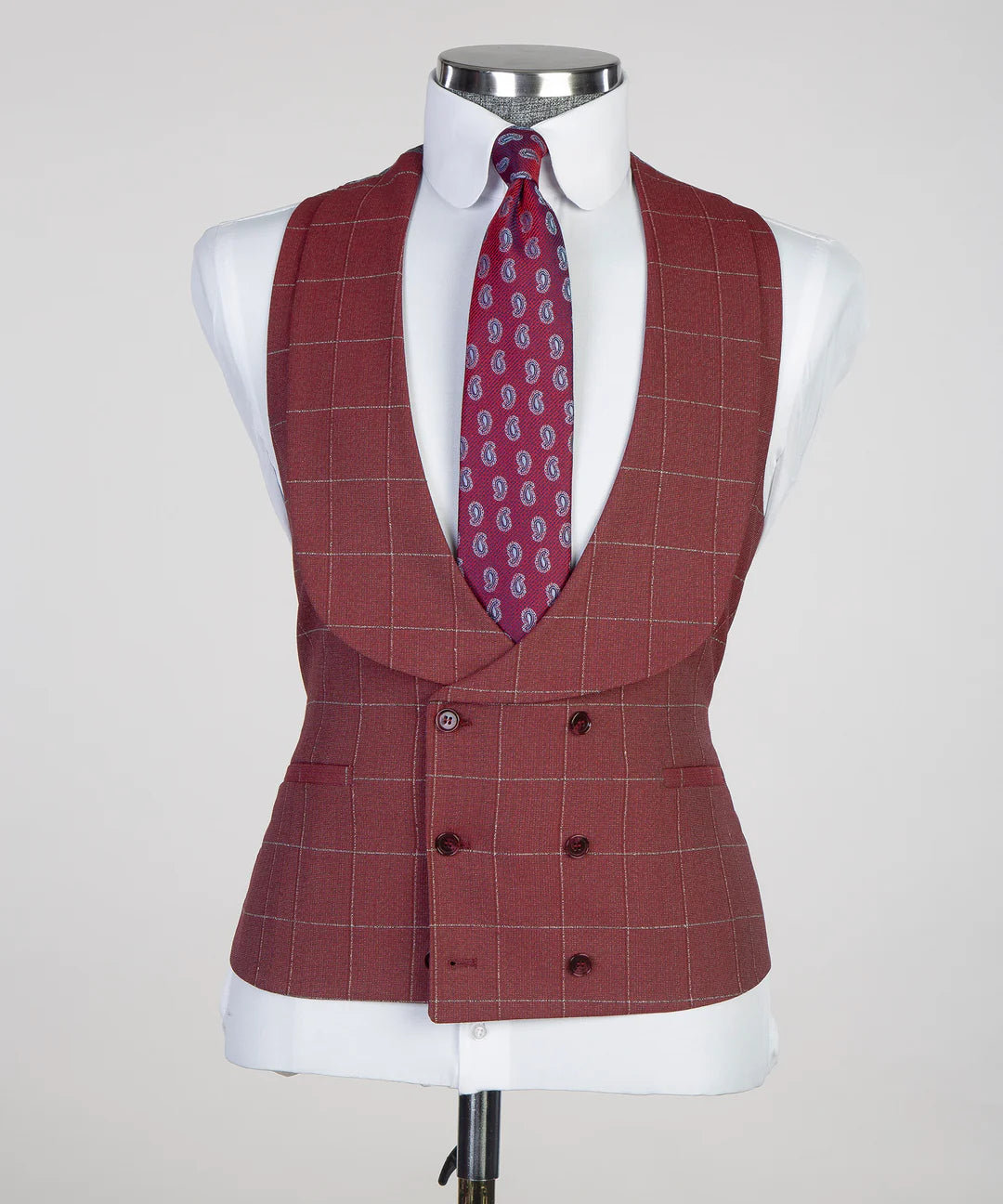 Red 3-piece Single-breasted Peak Lapel Plaid Suit