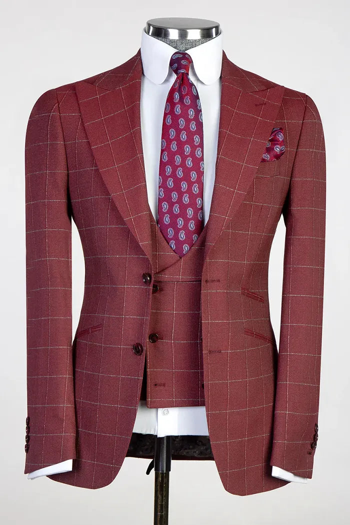 Red 3-piece Single-breasted Peak Lapel Plaid Suit