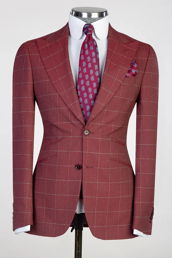 Red 3-piece Single-breasted Peak Lapel Plaid Suit