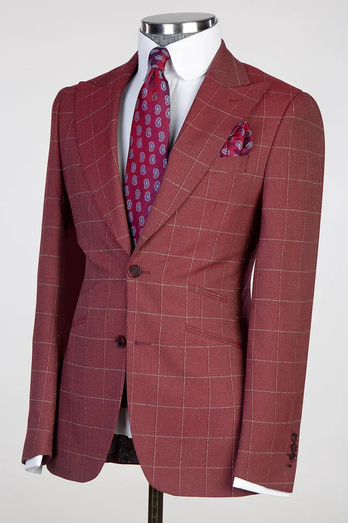 Red 3-piece Single-breasted Peak Lapel Plaid Suit
