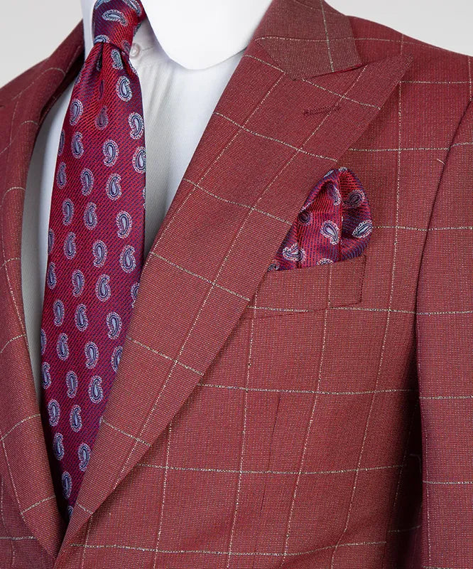 Red 3-piece Single-breasted Peak Lapel Plaid Suit