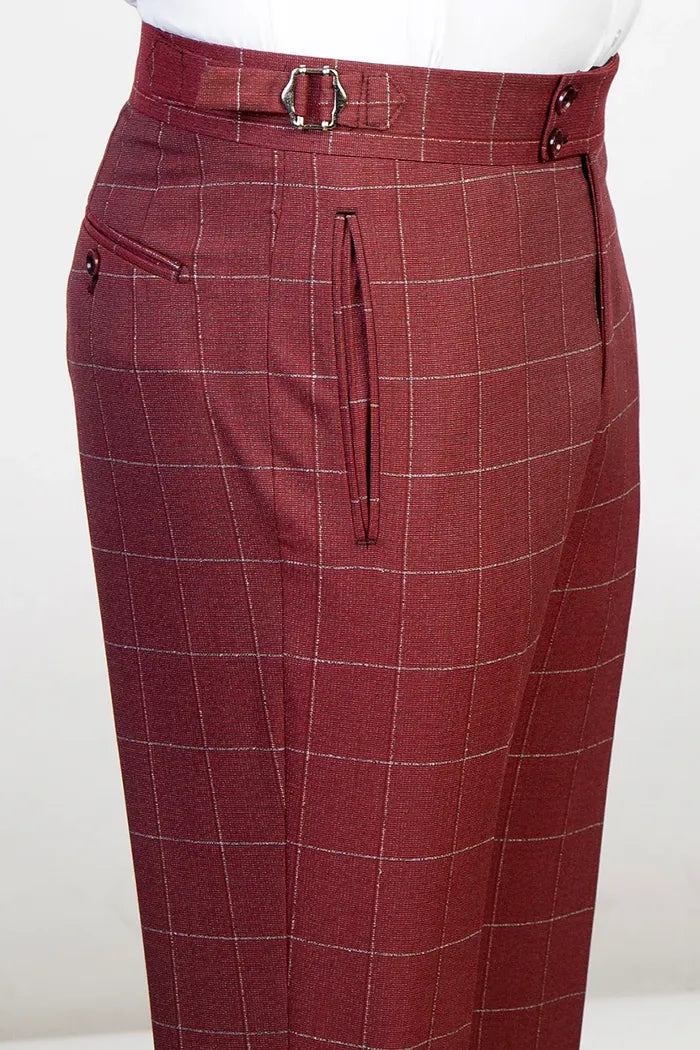 Red 3-piece Single-breasted Peak Lapel Plaid Suit