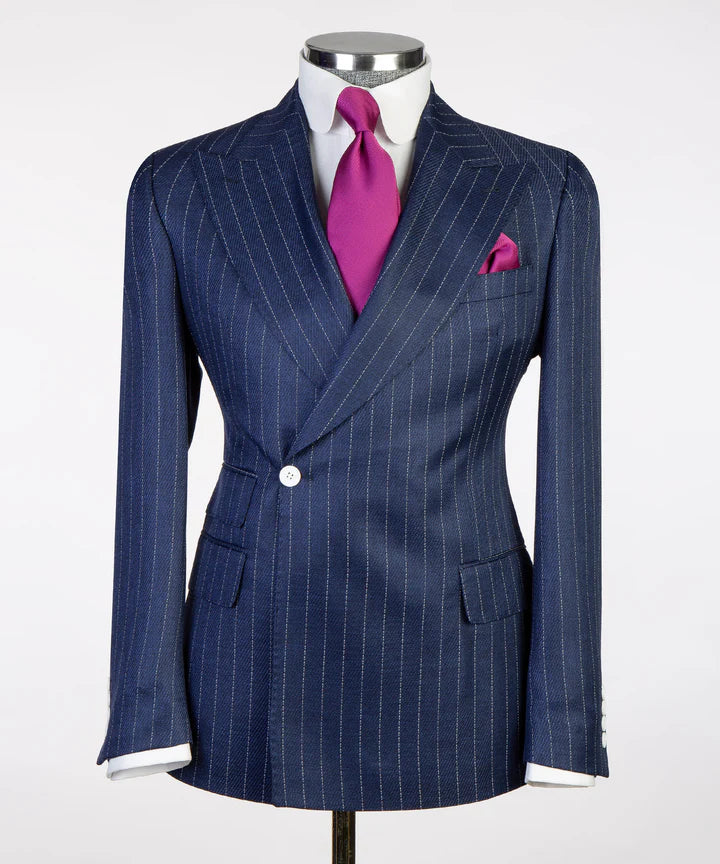 Navy Blue Peaked Lapel One Button Striped Suit for Prom