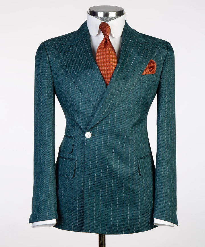 Hunter Green Peaked Lapel One Button Striped Suit for Prom