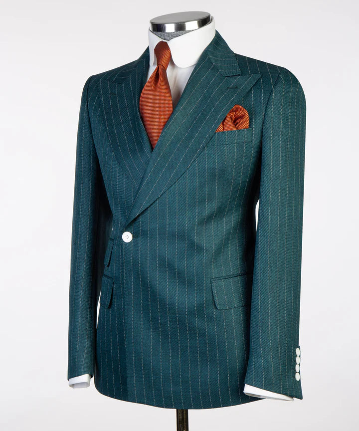 Hunter Green Peaked Lapel One Button Striped Suit for Prom