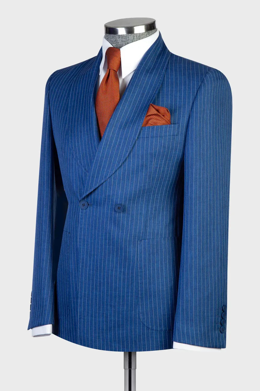 Blue 2-piece Double-breasted Shawl Lapel Suit