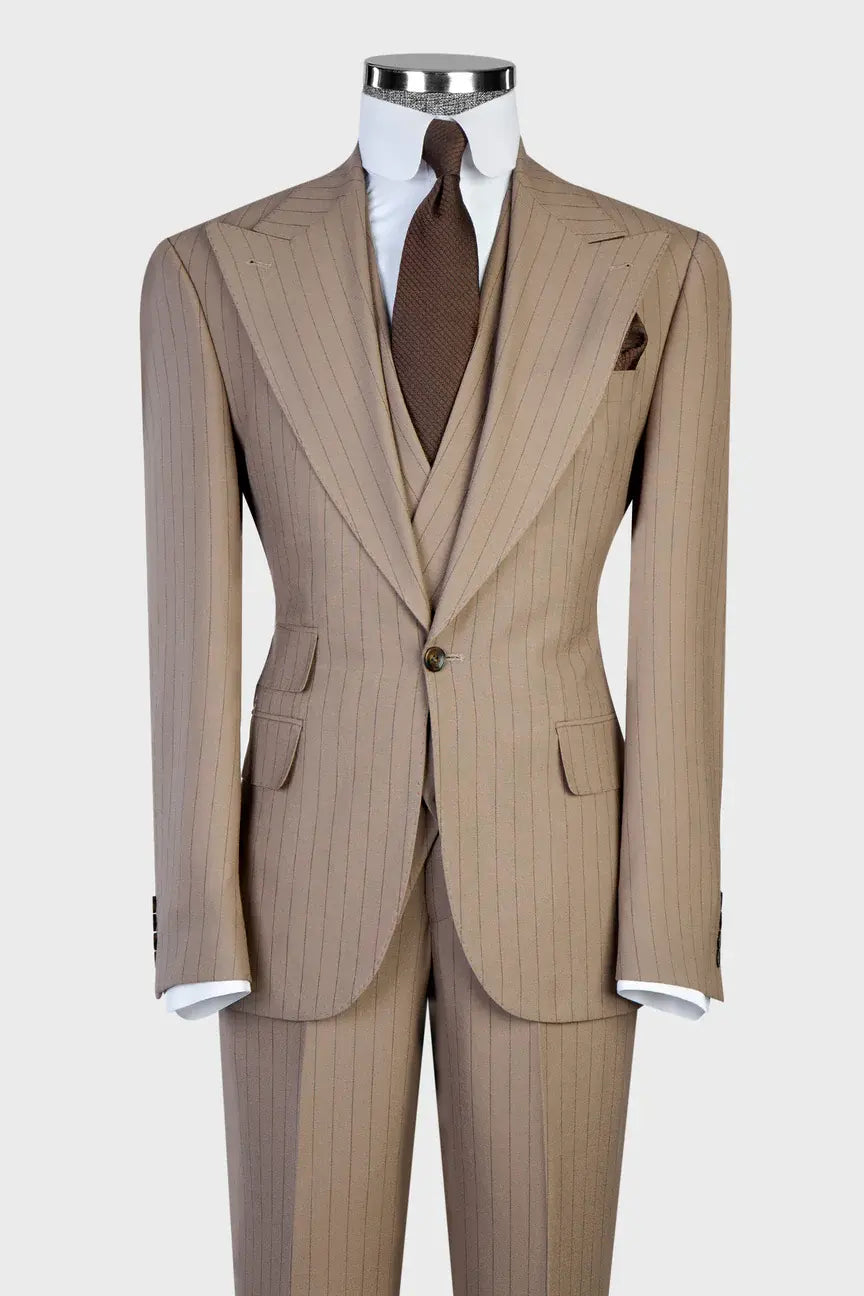3 Piece Single Breasted Peaked Lapel Khaki Outfits