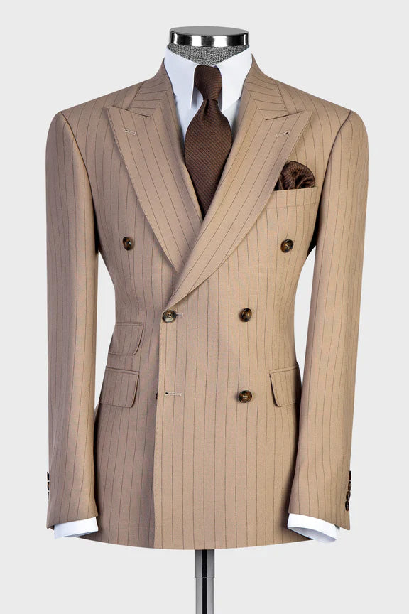 2 Piece Double Breasted Peaked Lapel Khaki Outfits