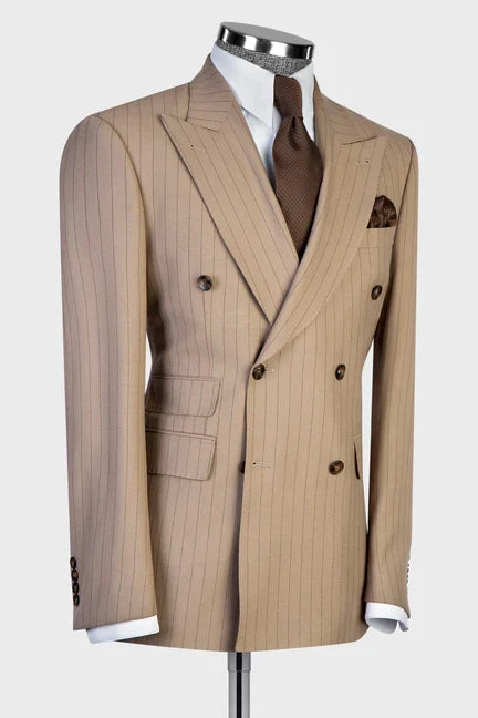 2 Piece Double Breasted Peaked Lapel Khaki Outfits