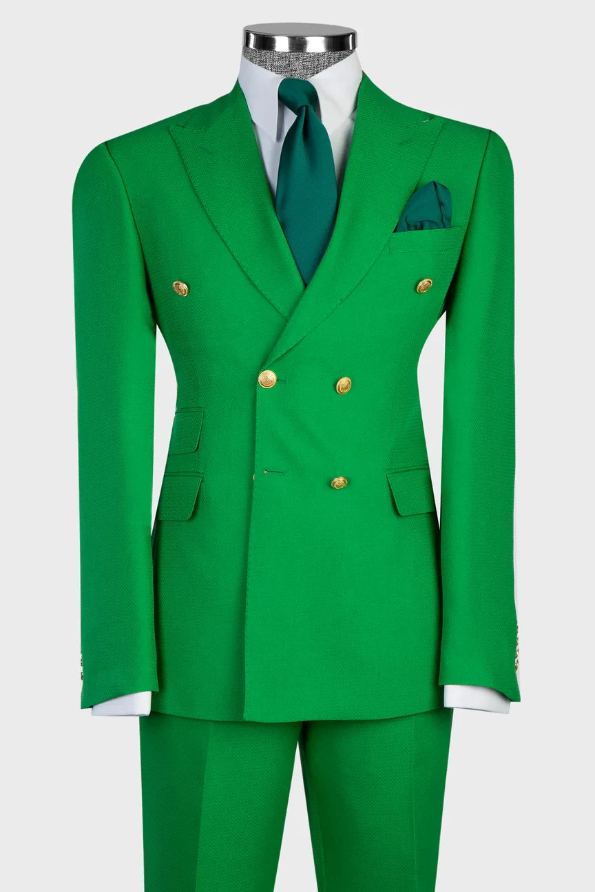 Green 2-piece Double-breasted Peak Lapel Suit