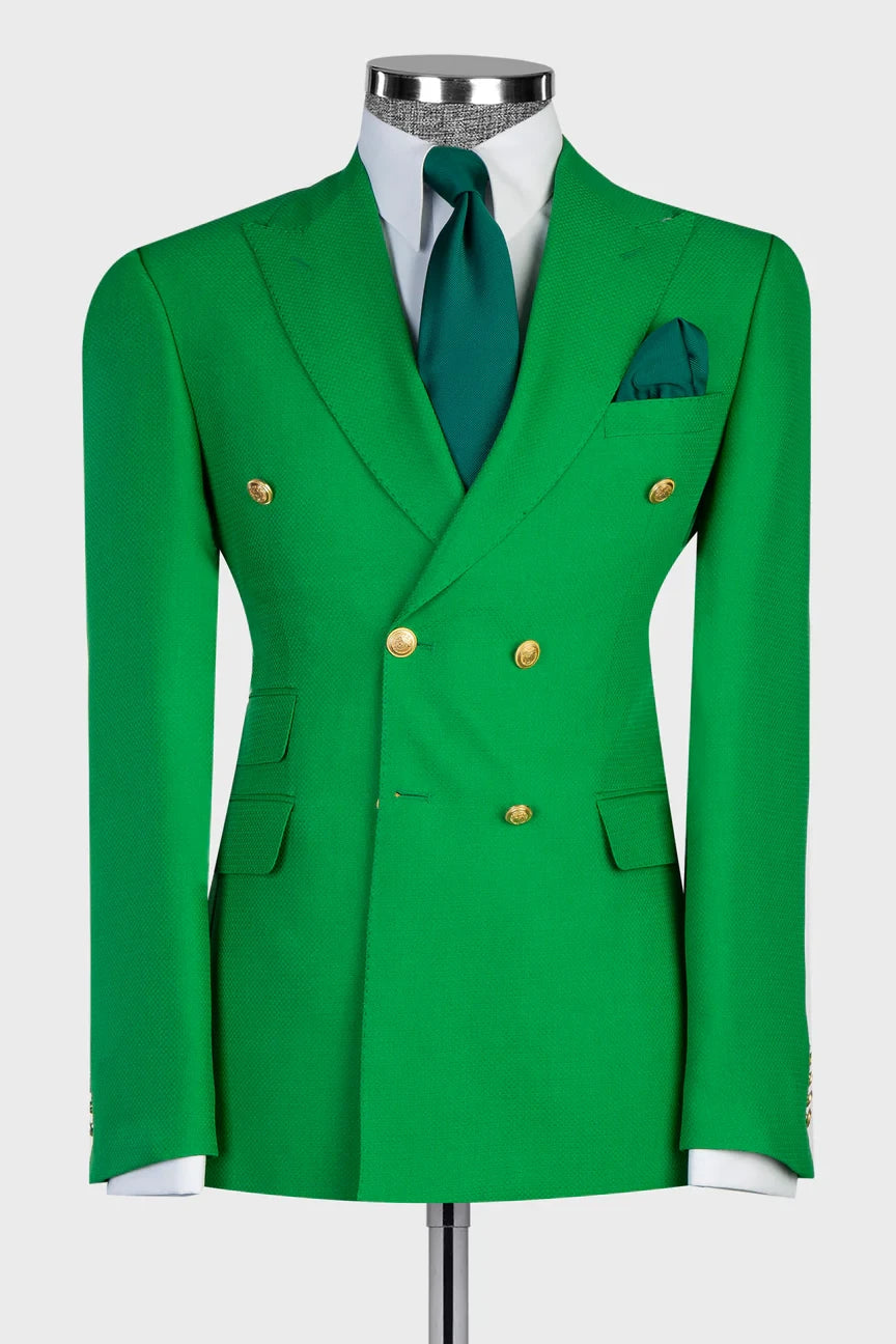 Green 2-piece Double-breasted Peak Lapel Suit