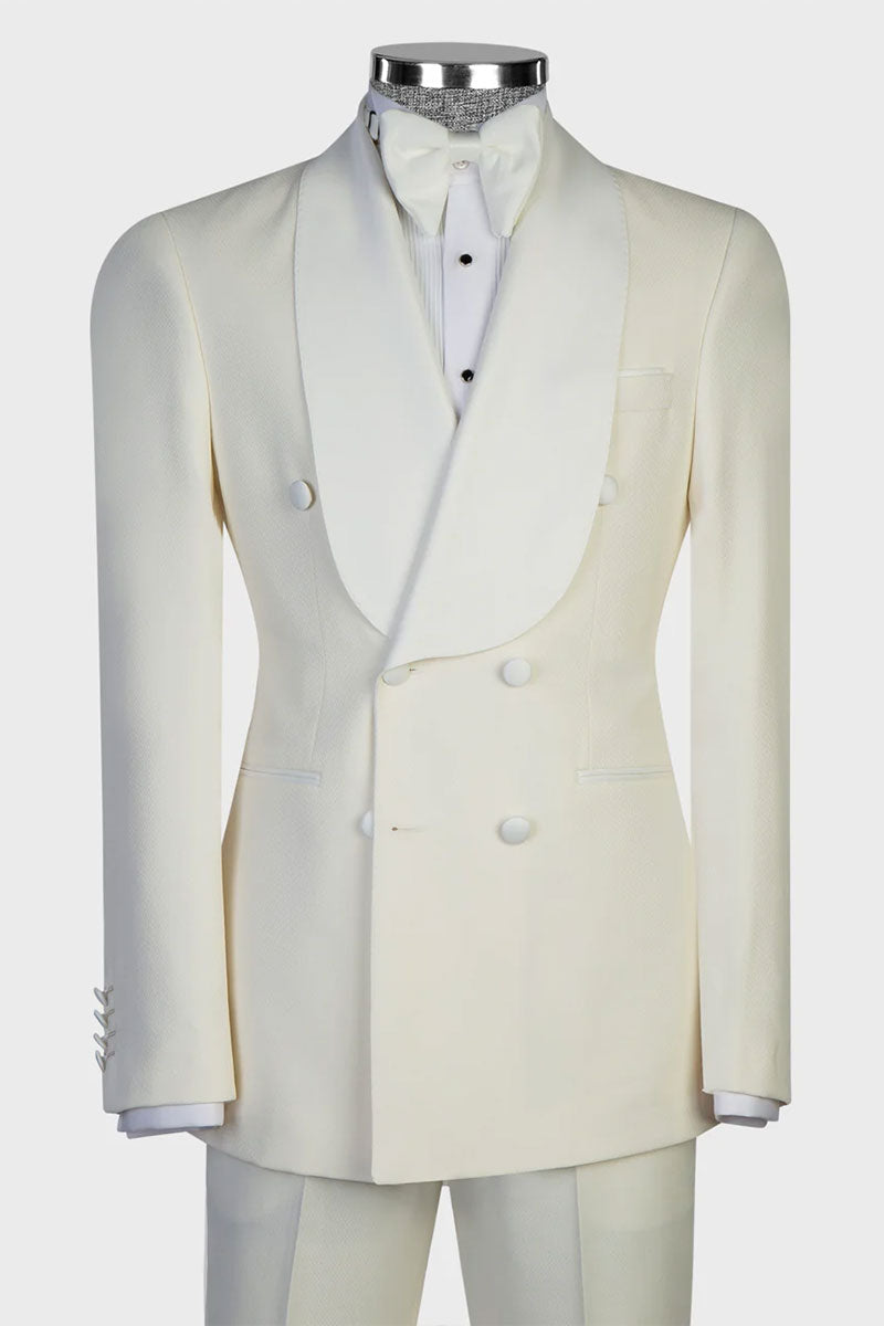 Beige 2-piece Shawl Lapel Double Breasted Tuxedo