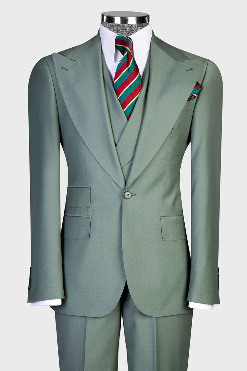 Sage Green Single-breasted Peak Lapel 3-piece Suit