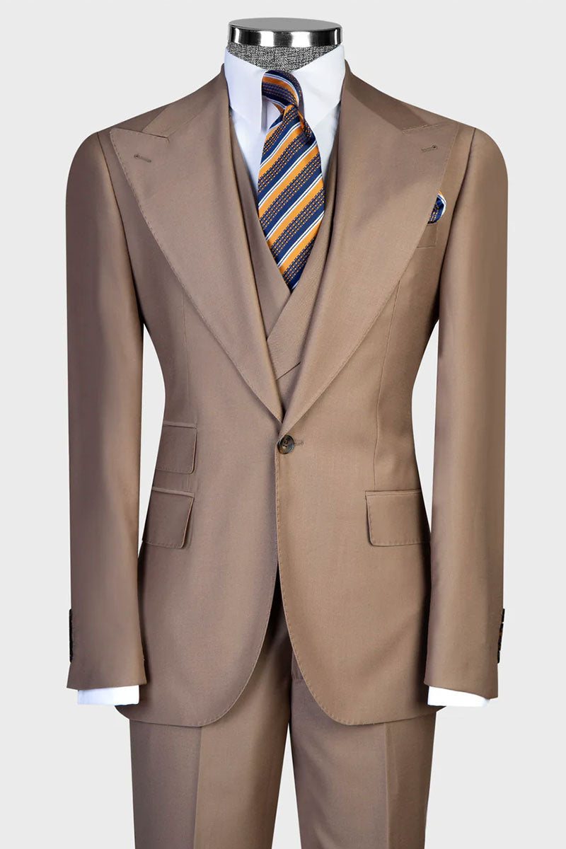 Khaki Single-breasted Peak Lapel 3-piece Suit
