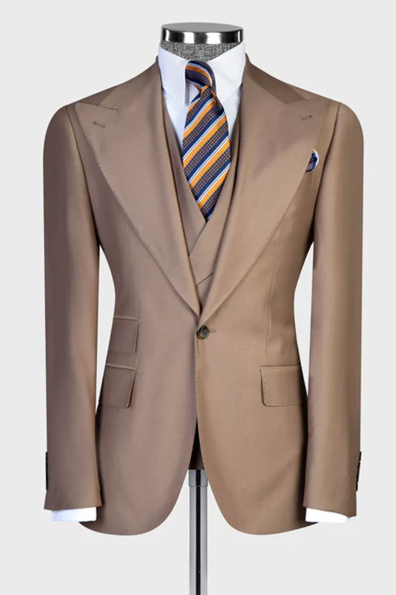 Khaki Single-breasted Peak Lapel 3-piece Suit