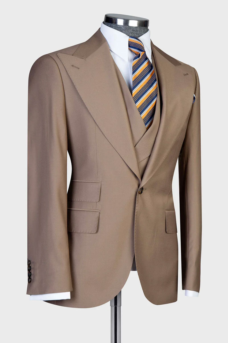 Khaki Single-breasted Peak Lapel 3-piece Suit
