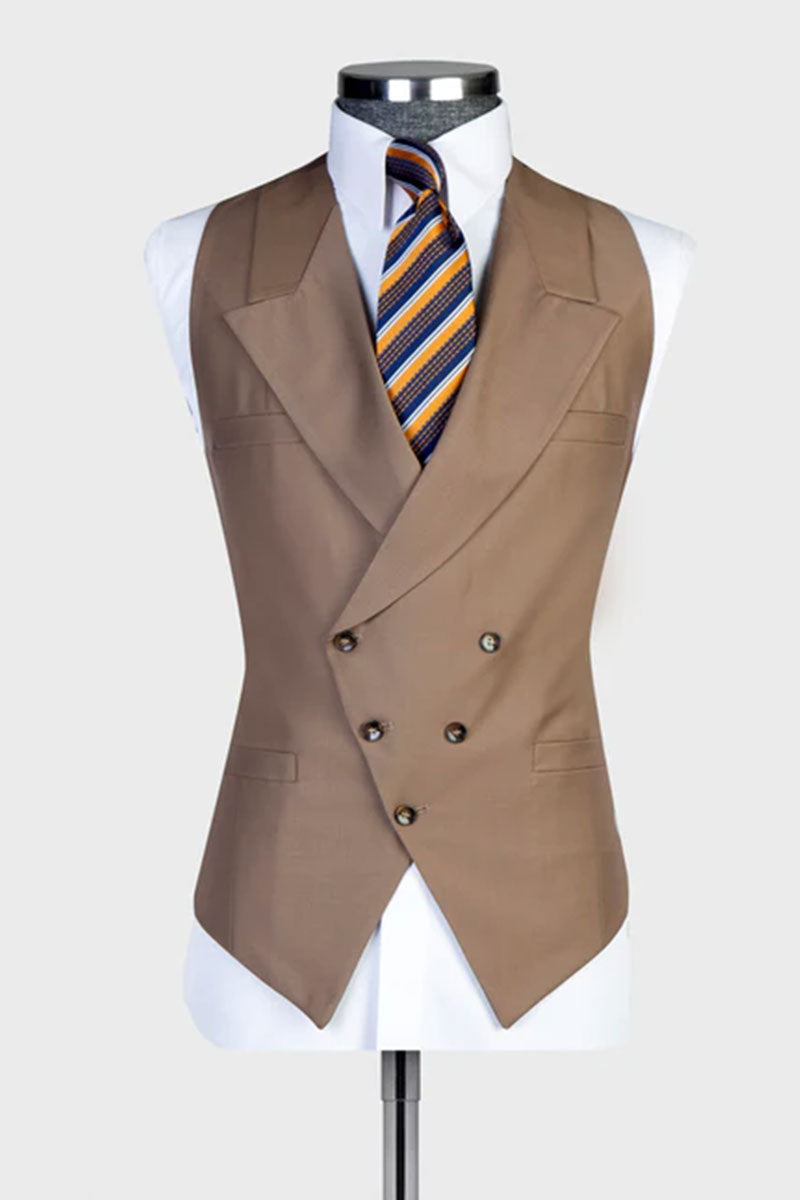 Khaki Single-breasted Peak Lapel 3-piece Suit
