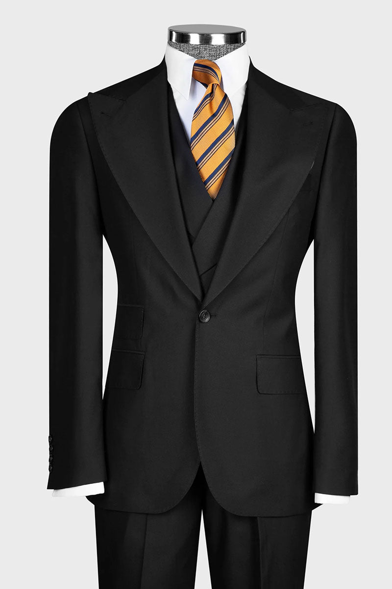 Black Single-breasted Peak Lapel 3-piece Suit