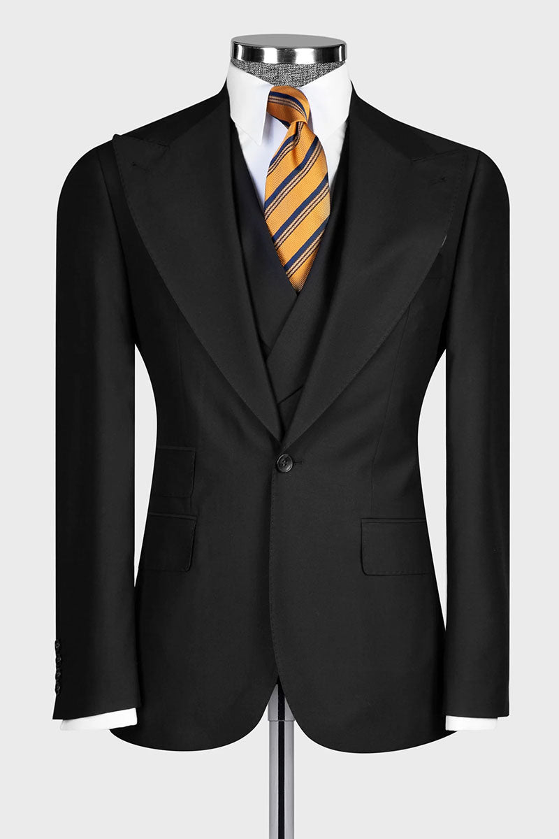 Black Single-breasted Peak Lapel 3-piece Suit