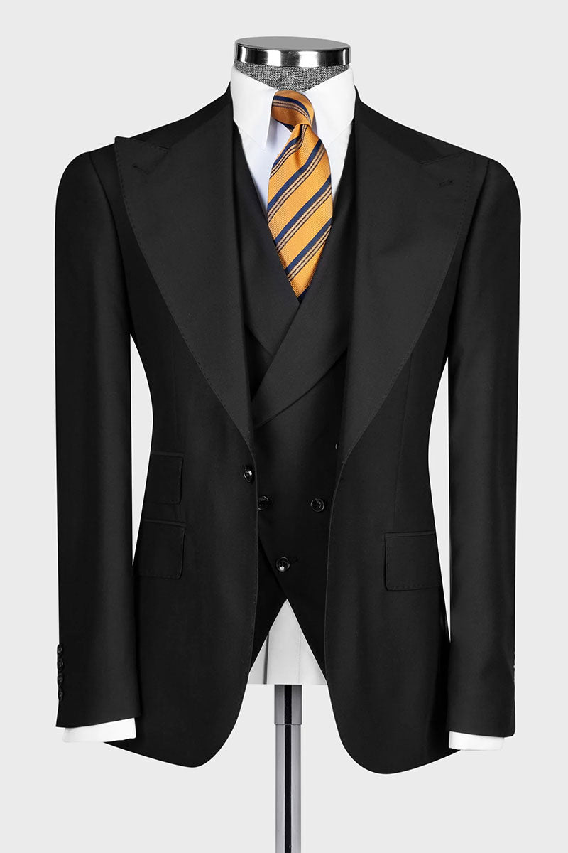 Black Single-breasted Peak Lapel 3-piece Suit