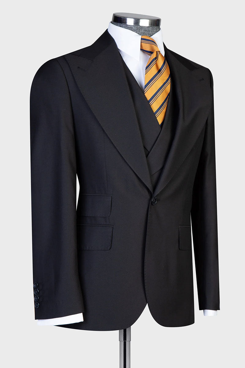 Black Single-breasted Peak Lapel 3-piece Suit