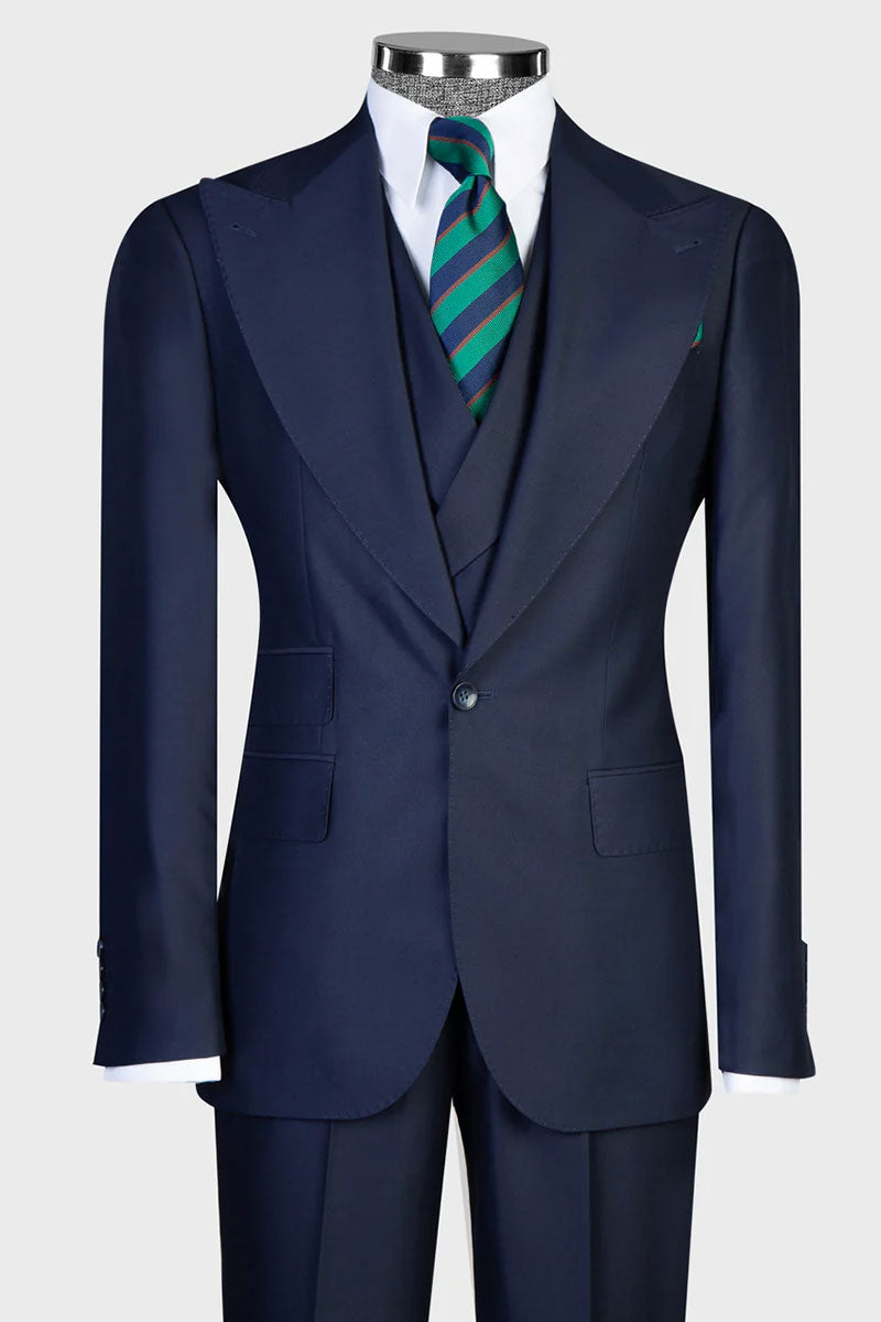 Navy 3-piece Peak Lapel Single Breasted Suit