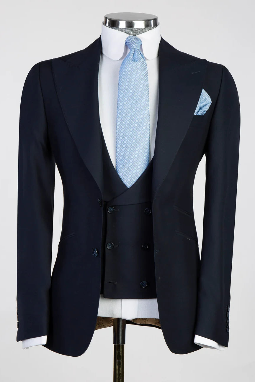 Navy 3-piece Single-breasted Peak Lapel Suit