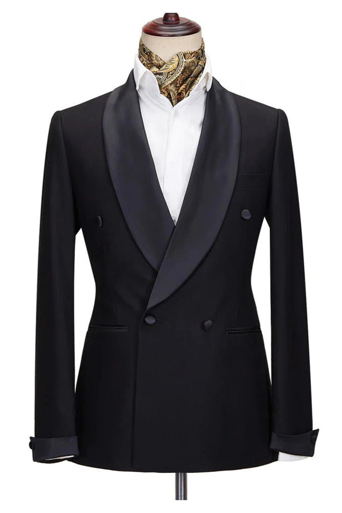 Black Double Breasted Shawl Lapel Slim Fit Wedding Tuxedo 2 Piece Suit