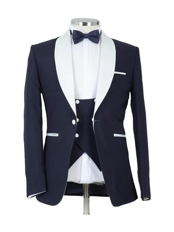 Navy Blue 3 Piece White Shawl Lapel Tuxedo