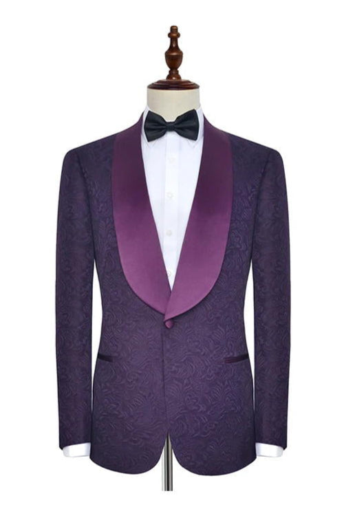 Dark Purple Jacquard One Button Shawl Lapel Men's Suits for Wedding and Prom