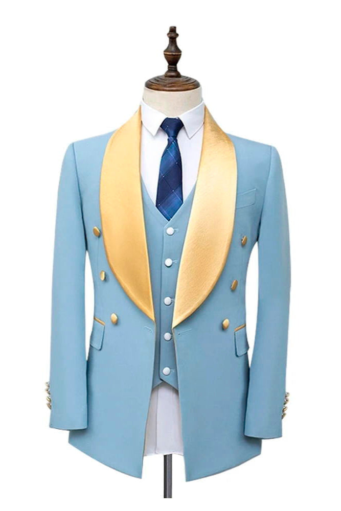 Sky Blue Golden Shawl Lapel Double Breasted Tuxedo