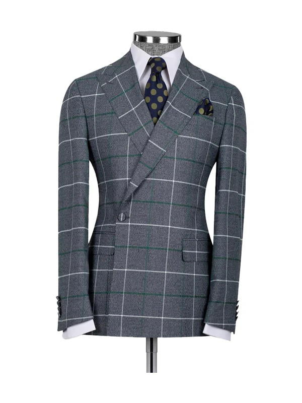 Grey 2 Piece Plaid Double Breasted One Button Suit