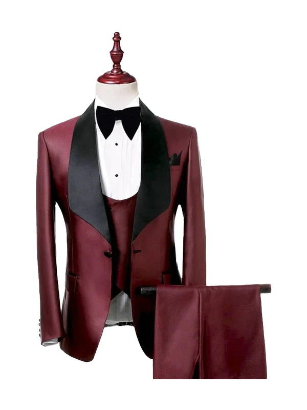 Burgundy 3 Piece Black Shawl Lapel Suits