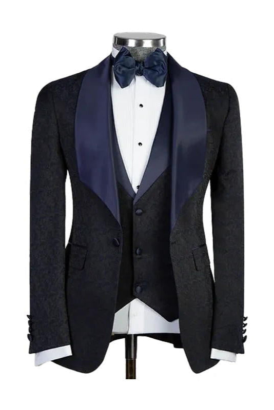 Black 3 Piece Bespoke Jacquard Shawl Lapel Tuxedo