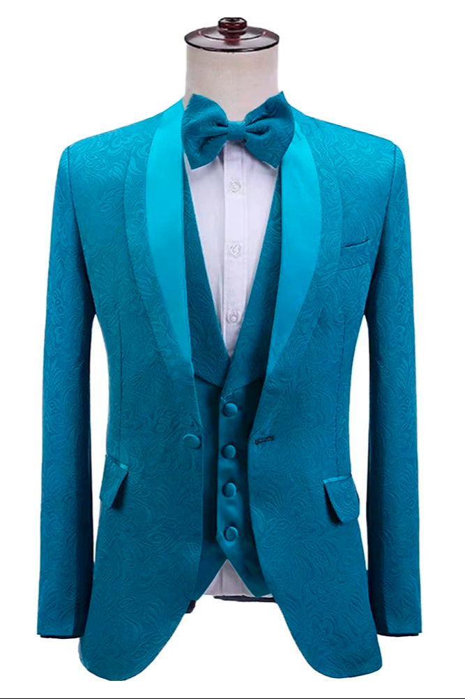 Blue Jacquard Shawl Lapel Slim Fit Wedding 3 Piece Suit