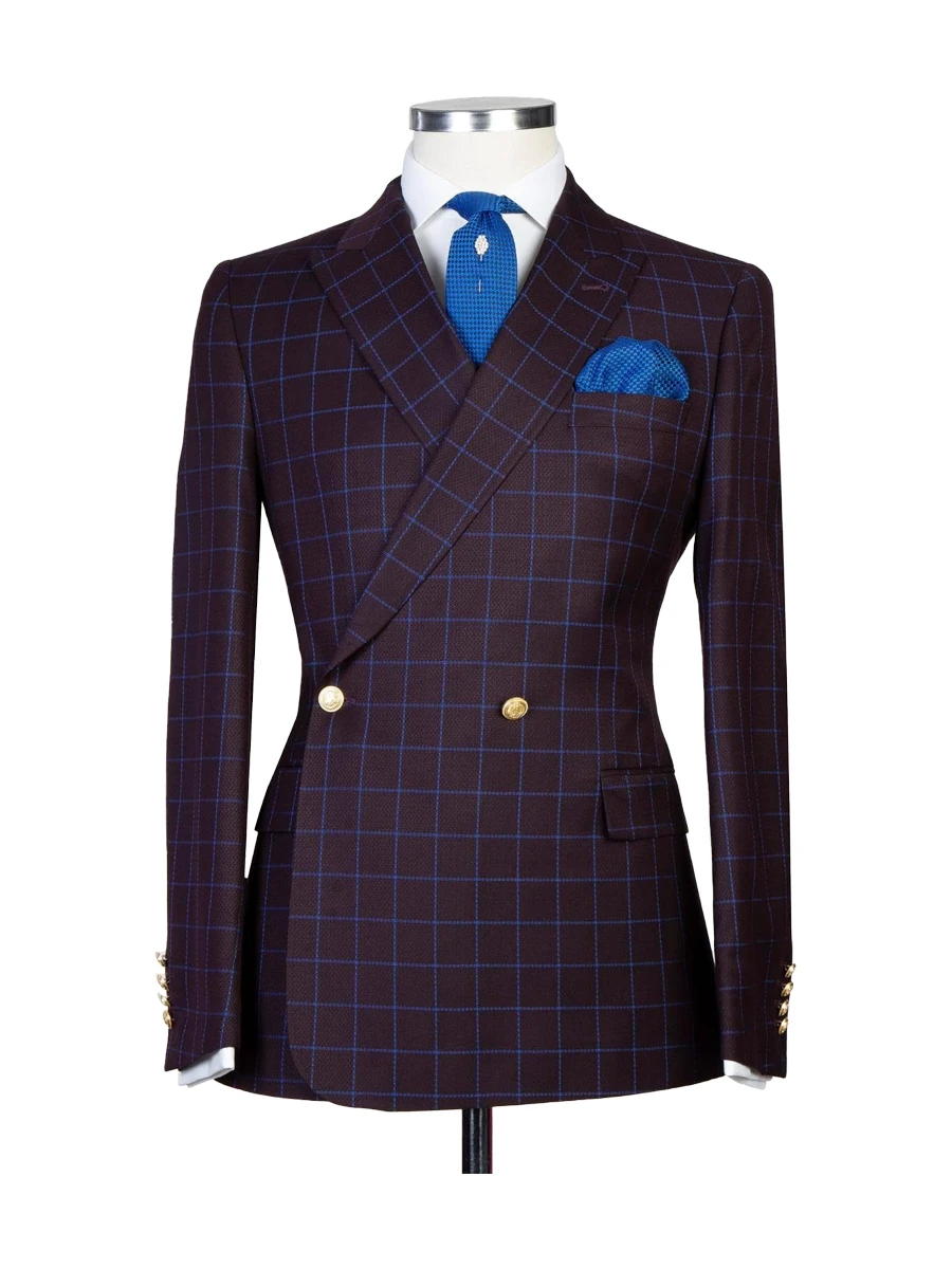 Dark Brown 2 Piece Plaid Dark Double Breasted Peak Lapel Suit