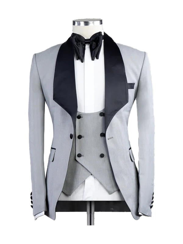 Light Grey 3 Piece Black Satin Lapel Suits