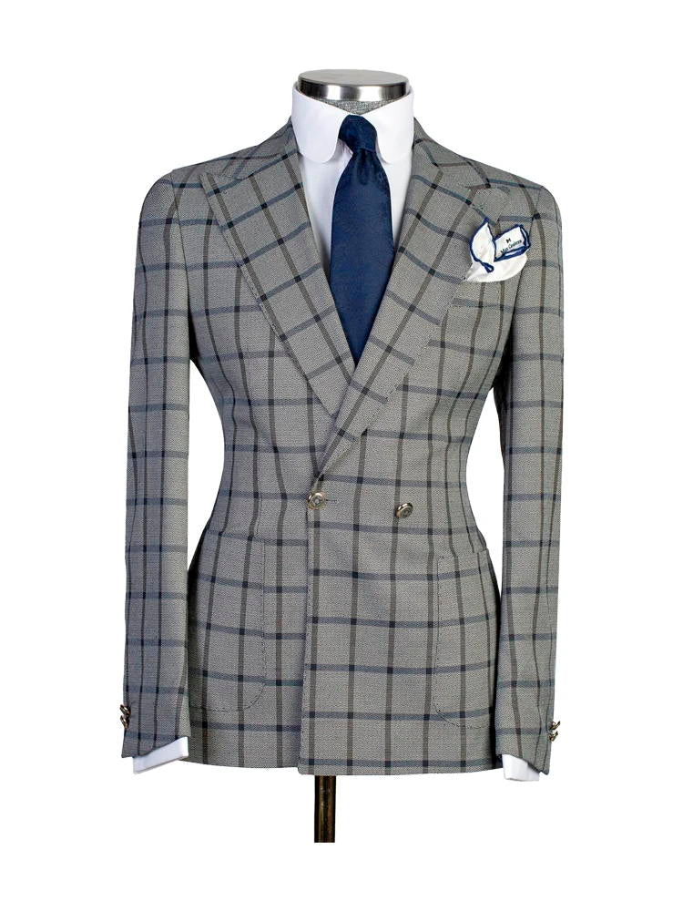 Gray 2 Piece Chic Plaid Peak Lapel Suits