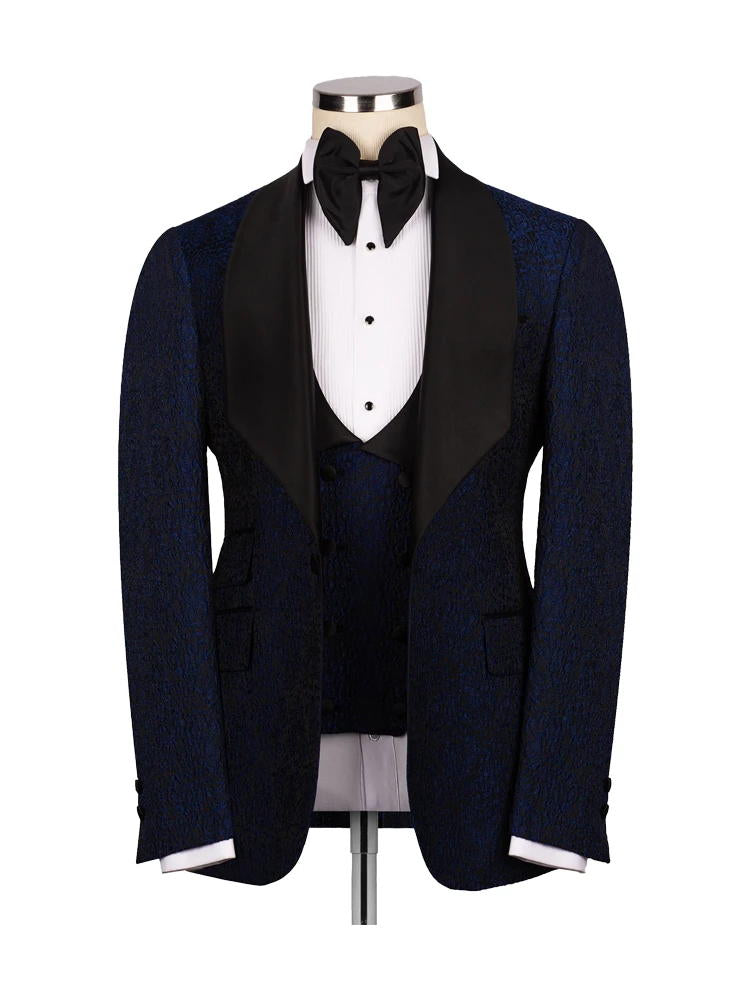 Navy Blue 3 Piece Jacquard Shawl Lapel Wedding Tuxedo