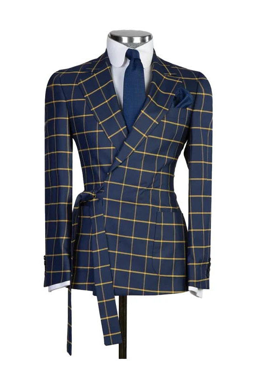 Navy Blue 2 Piece Fashion Belted Notch Lapel Plaid Suit