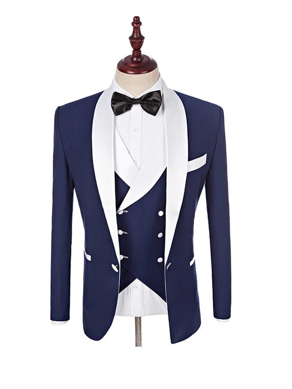 Navy Blue 3 Piece One Button White Shawl Lapel Wedding Tuxedos