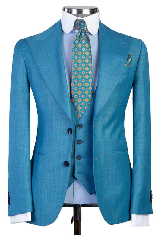 Blue 3 Pieces Suit Peak Lapel Single Breasted Suits