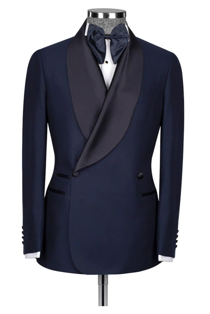 Navy Blue One Button Satin Black Collar Men Two Piece Suits