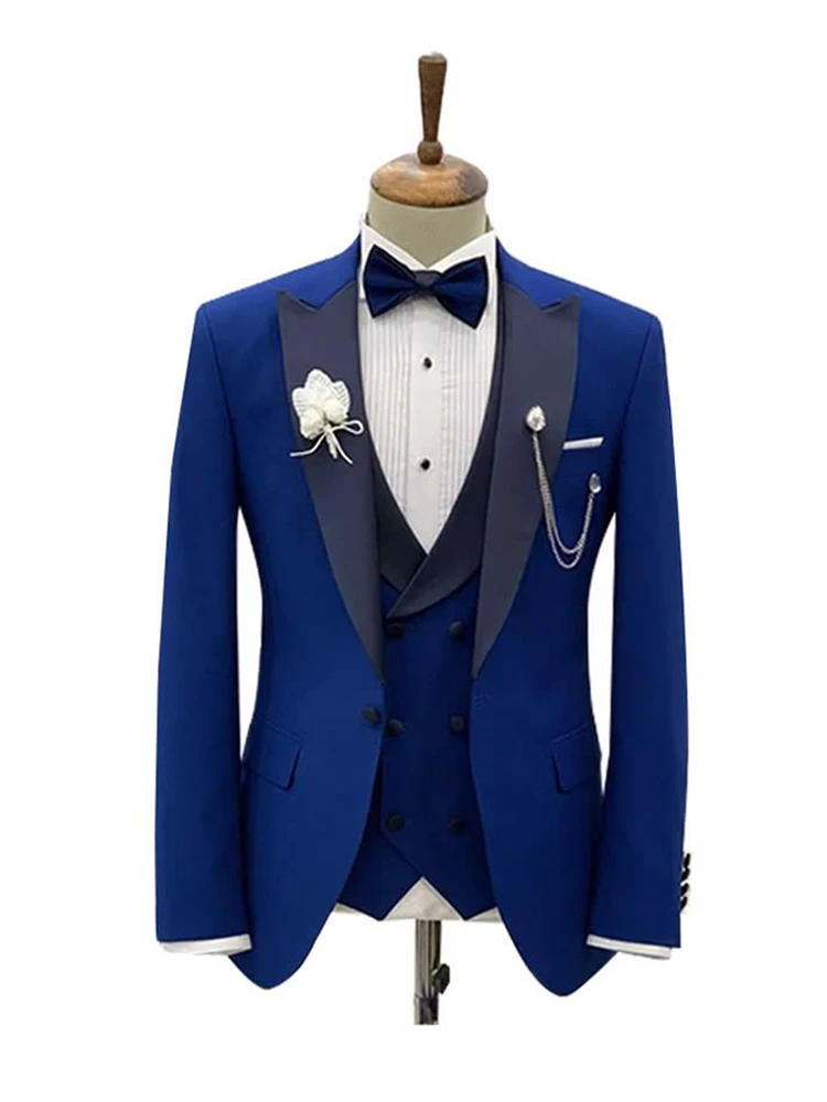 Blue Tuxedo 3 Piece Suit With Black Lapel